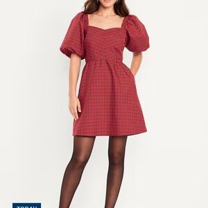 Old Navy Red Checkered Puff Sleeve Mini Dress